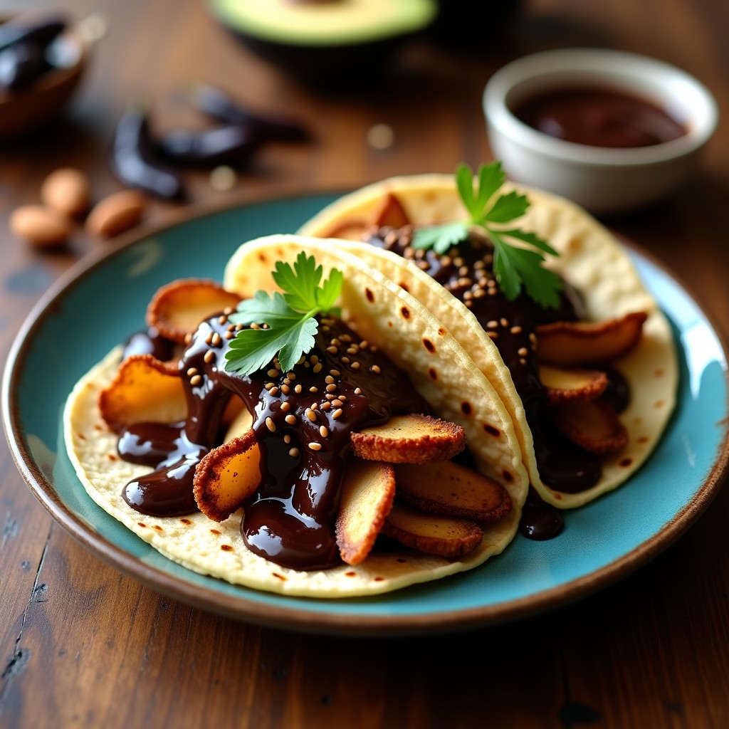Plato de tacos de hongo König dorados en airfryer, bañados en salsa de mole oaxaqueño oscuro y cremoso, decorados con cilantro fresco y semillas de sésamo sobre tortillas de maíz azul, receta vegana gourmet.