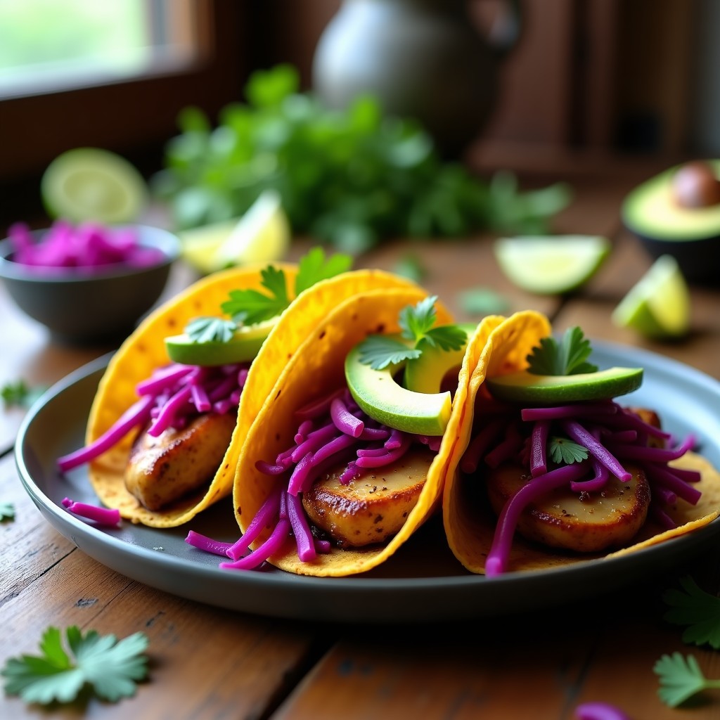 Plato de tacos veganos con hongos ostra al chipotle dorados, col morada encurtida de color vibrante, aguacate en rodajas y cilantro fresco, servidos en tortillas de maíz sobre una mesa de madera rústica.