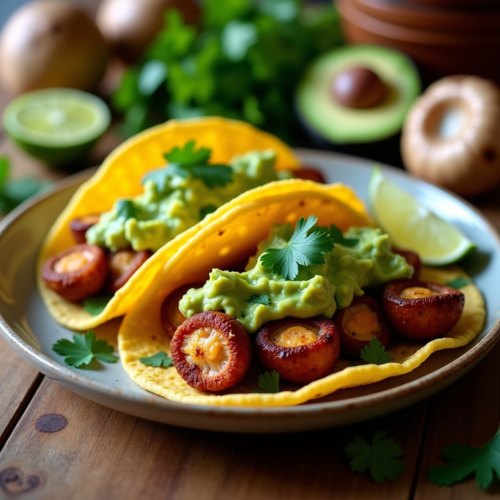 Tacos veganos mexicanos de hongo ostra dorados en airfryer, servidos en tortillas de maíz azules con guacamole cremoso de cilantro y lima, decorados con semillas de sésamo y rodajas de lima al lado.