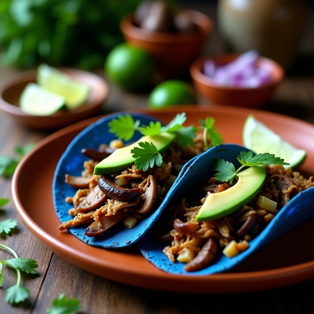 Tacos veganos de hongo ostra desmenuzado en tortillas de maíz azul, con aguacate, cilantro y limón, sobre un plato de barro rústico con fondo de madera oscura.