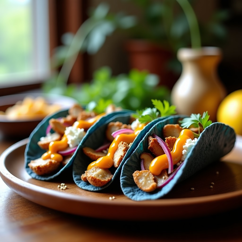Tacos de maíz azul rellenos de hongos chanterelle dorados y queso de cabra desmenuzado, coronados con salsa de mango habanero de color naranja vibrante y cebolla morada. Plato fitness en airfryer con fondo rústico de madera.