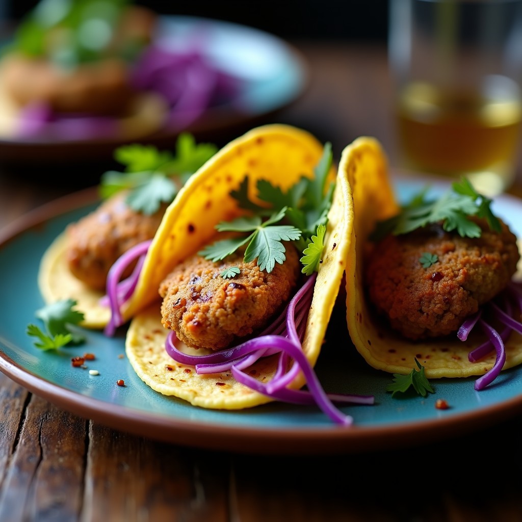 Tacos de hongos rebozados con harina de insectos, crujientes y dorados, servidos en tortillas de maíz azules con repollo morado, cilantro fresco y salsa de chipotle, sobre un plato de barro rústico con fondo de madera oscura.