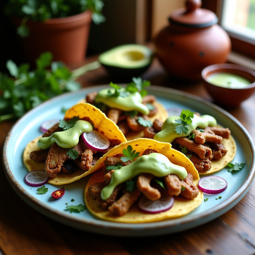 Tacos de Hongos Maitake y Nopales con Crema de Aguacate y Chile de Árbol: Receta Vegana en Airfryer