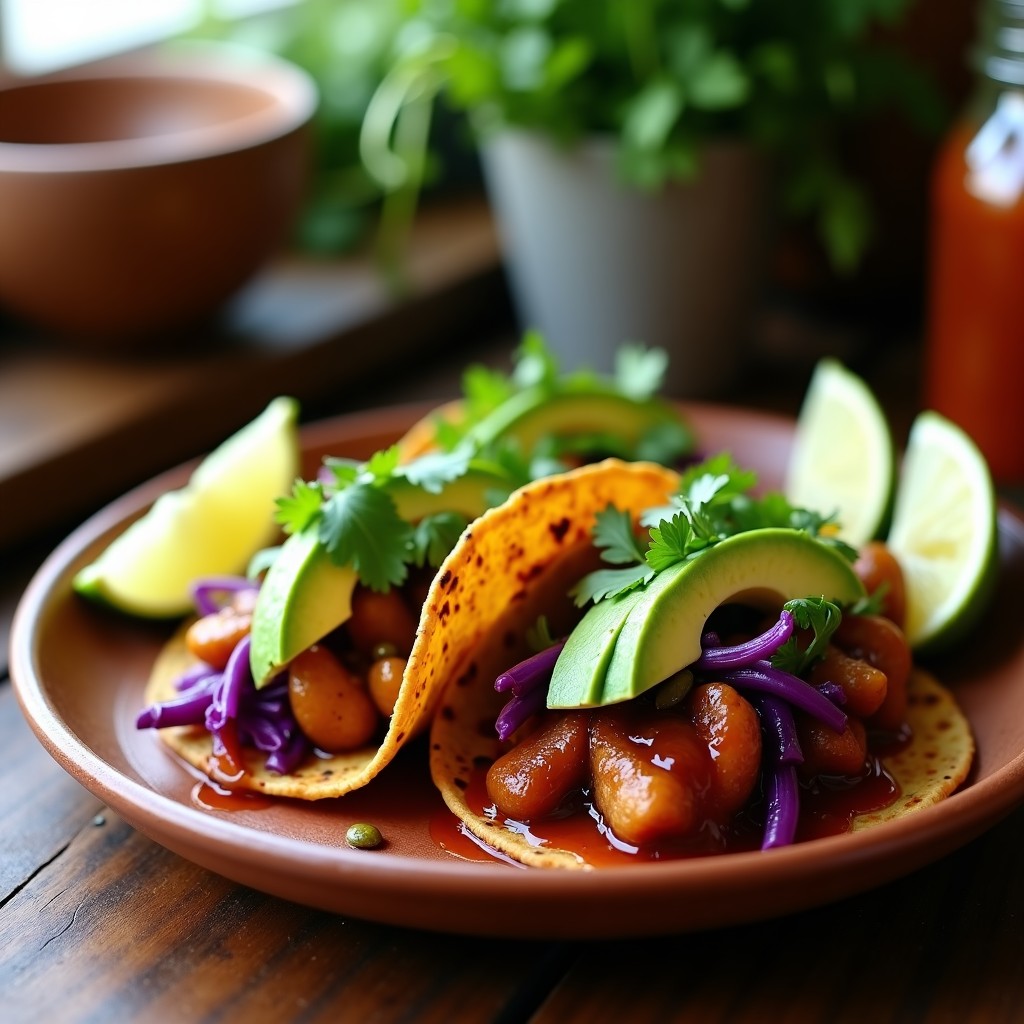 Plato de tacos veganos al estilo Tijuana con hongos maitake dorados bañados en salsa de guajillo, servidos en tortillas de maíz azules con aguacate, cilantro, lechuga morada y semillas de calabaza tostadas.