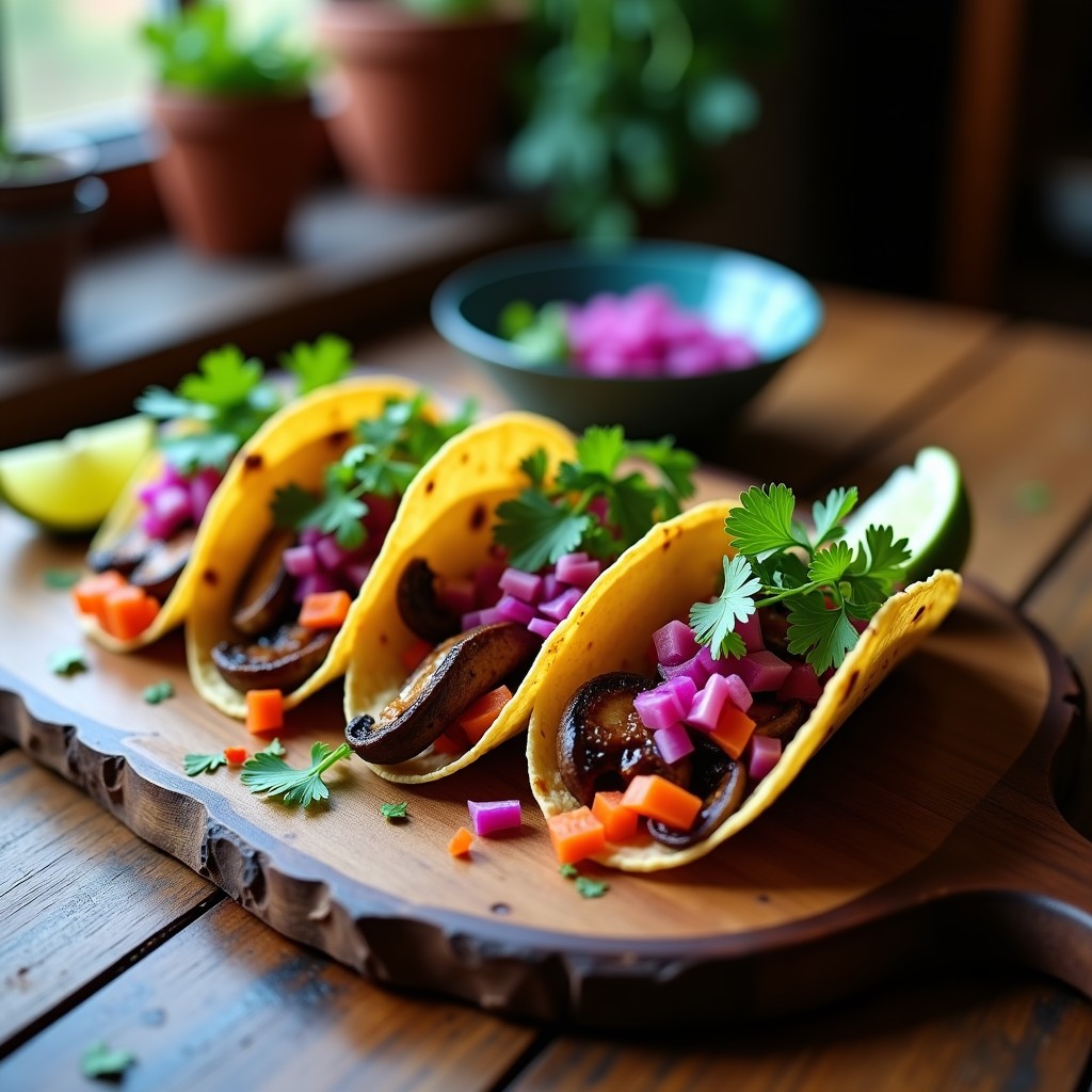 Plato de tacos veganos mexicanos con hongos ostra desmenuzados al adobo de chipotle, ceviche de zanahoria morada y naranja en juliana, rodajas de aguacate y cilantro fresco sobre tortillas de maíz azul, servidos en un plato de barro rústico.