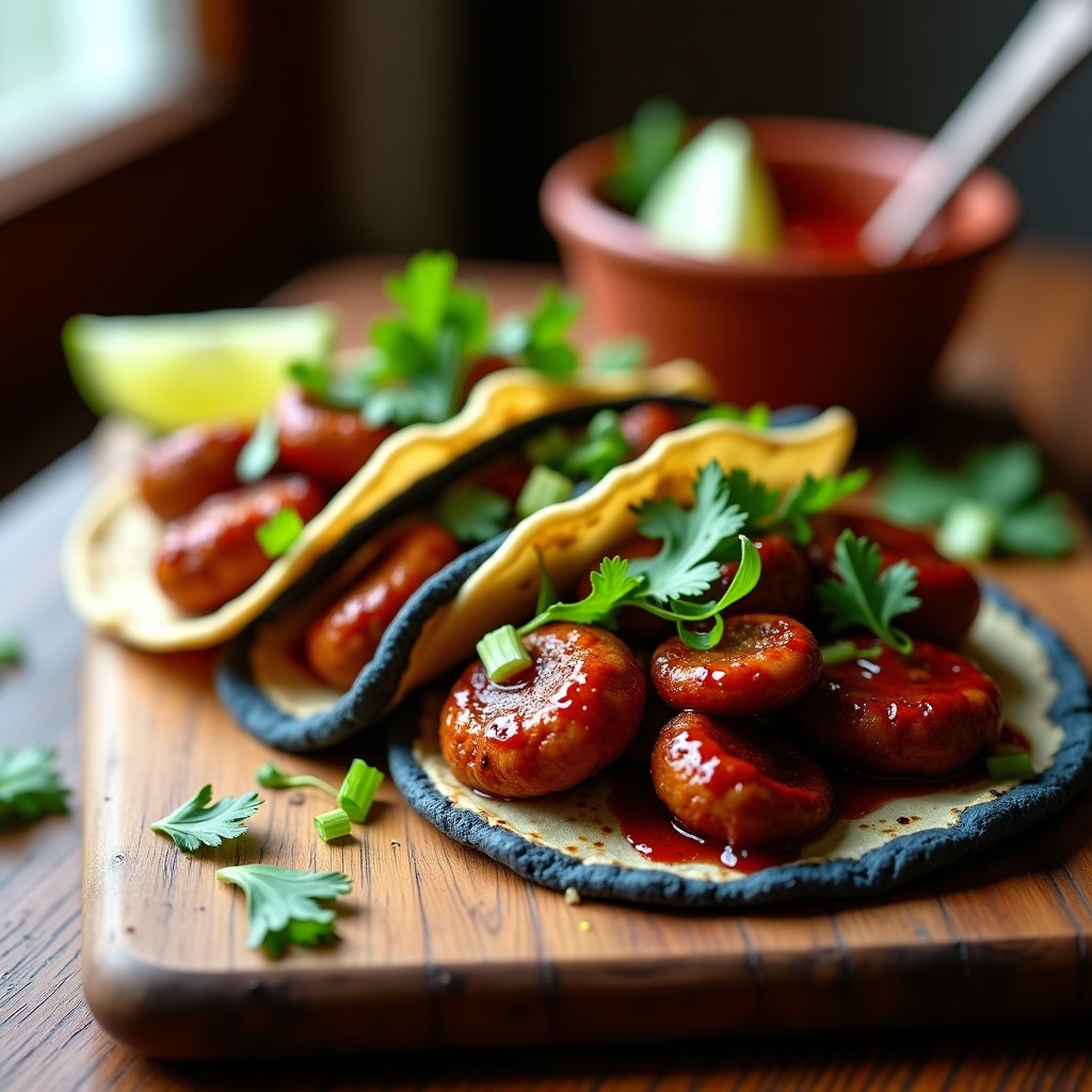 Tacos de maíz azul rellenos de hongos ostra dorados y crujientes, bañados en un adobo rojo intenso de hibiscus, acompañados de aguacate en cubos, cebolla morada en juliana y cilantro fresco. Plato servido en un comal de barro con gajos de limón verde al lado, resaltando los colores vibrantes de la cocina mexicana vegana.