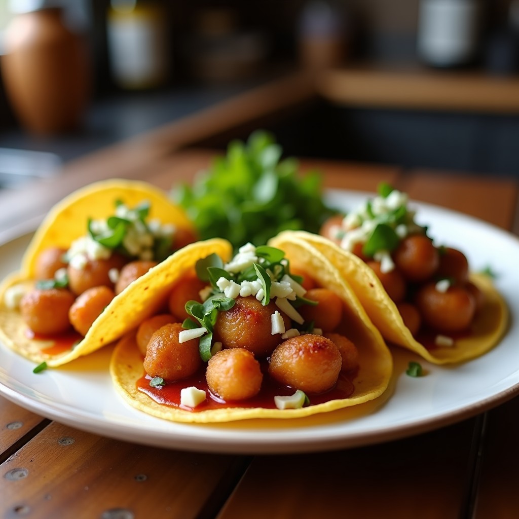 Tacos de hongos ostra desmenuzados en airfryer, con textura dorada y fibrosa, servidos en tortillas de maíz azules. Acompañados de lechuga morada, tomate en cubos, cebolla blanca, aguacate y salsa picante. Plato vegano con sabor a carne, alta en proteína y baja en calorías.