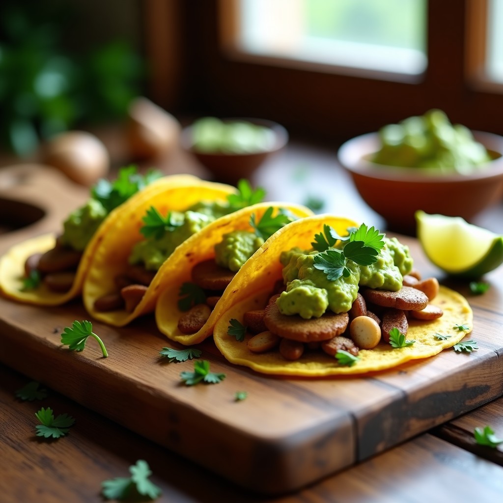 Tacos veganos argentinos con hongos ostra dorados, puré de palta cremoso y salsa de chimichurri verde vibrante, servidos en tortillas de maíz sobre una tabla de madera rústica.