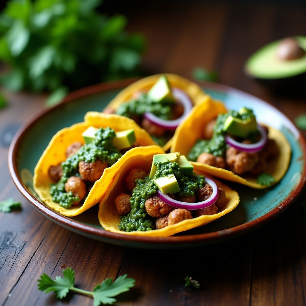 Tacos de maíz azul rellenos de hongos ostra dorados y crujientes, bañados en chimichurri verde de perejil, decorados con rodajas de aguacate, cebolla morada y hiel de granada, servidos en un plato rústico de barro con fondo borroso.