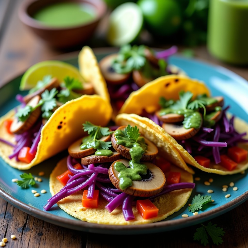 Tacos veganos crudiveganos con hongos ostra marinados en lima, col morada en juliana, cebolla morada y pimiento rojo sobre tortillas de maíz azules, decorados con salsa de cilantro y semillas de sésamo.