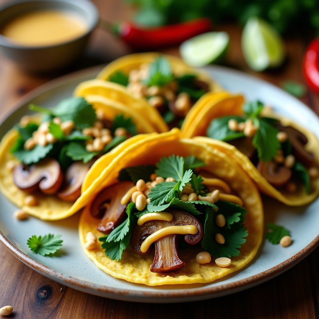Plato de tacos veganos al estilo tailandés con hongos ostra salteados, espinacas baby, salsa de mostaza y miel, decorados con cilantro fresco y semillas de sésamo tostadas sobre tortillas de maíz azules.