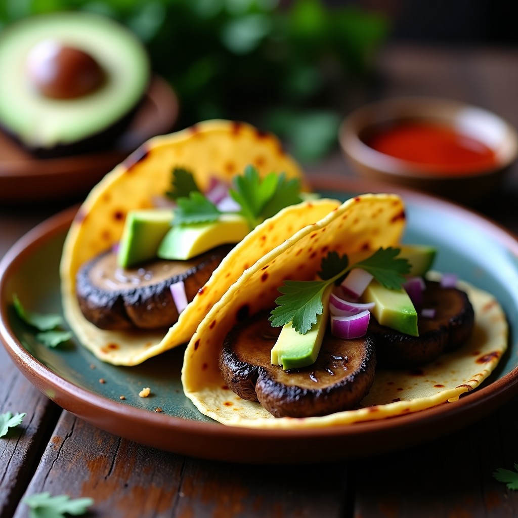 Tacos de maíz rellenos de láminas doradas de hongos portobello adobados, acompañados de aguacate, cebolla morada y cilantro fresco, servidos en un plato de barro rústico con salsa picante al lado.