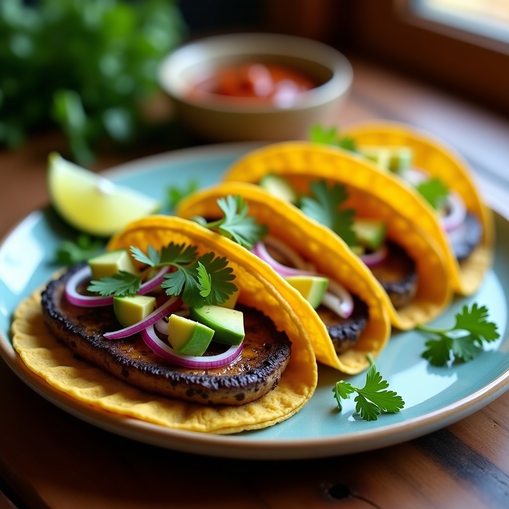Tacos de hongos portobello en airfryer servidos en tortillas de maíz azules, con toppings de aguacate, cebolla morada y cilantro fresco. Plato colorido y apetecible con textura crujiente.