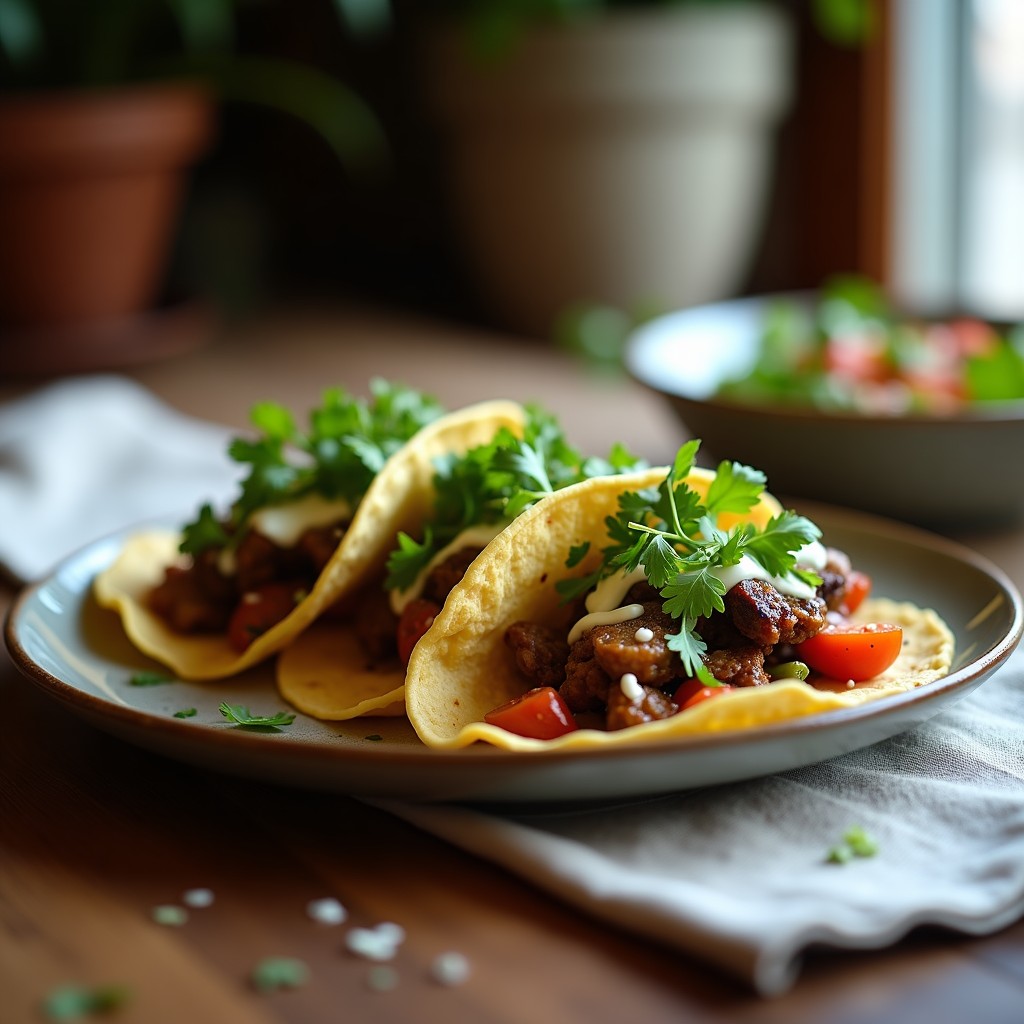 Plato de tacos de hongos portobello con chimichurri vegano, servidos en tortillas de maíz con lechuga morada, aguacate y cebolla morada, bañados en salsa chimichurri verde fresca.