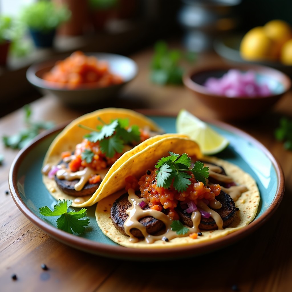 Tacos abiertos de tortilla de maíz azul rellenos de láminas doradas de hongos portobello, kimchi vegano salteado con cebolla morada, bañados en salsa de cacahuete cremosa y decorados con cilantro fresco y semillas de sésamo, servidos en un plato de barro con rodajas de lima. Receta coreana-mexicana de tacos de hongos portobello y kimchi con salsa de cacahuete.