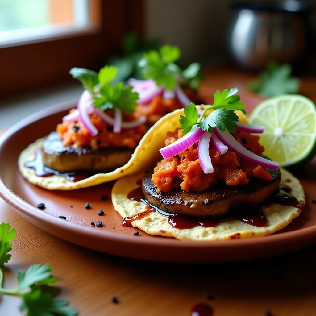 Tacos abiertos de hongos portobello dorados y caramelizados con kimchi rojo fermentado, sobre tortillas de maíz, decorados con cebolla morada, cilantro fresco y semillas de sésamo. Plato colorido y vibrante con contraste de texturas, receta coreana fusion sin gluten.