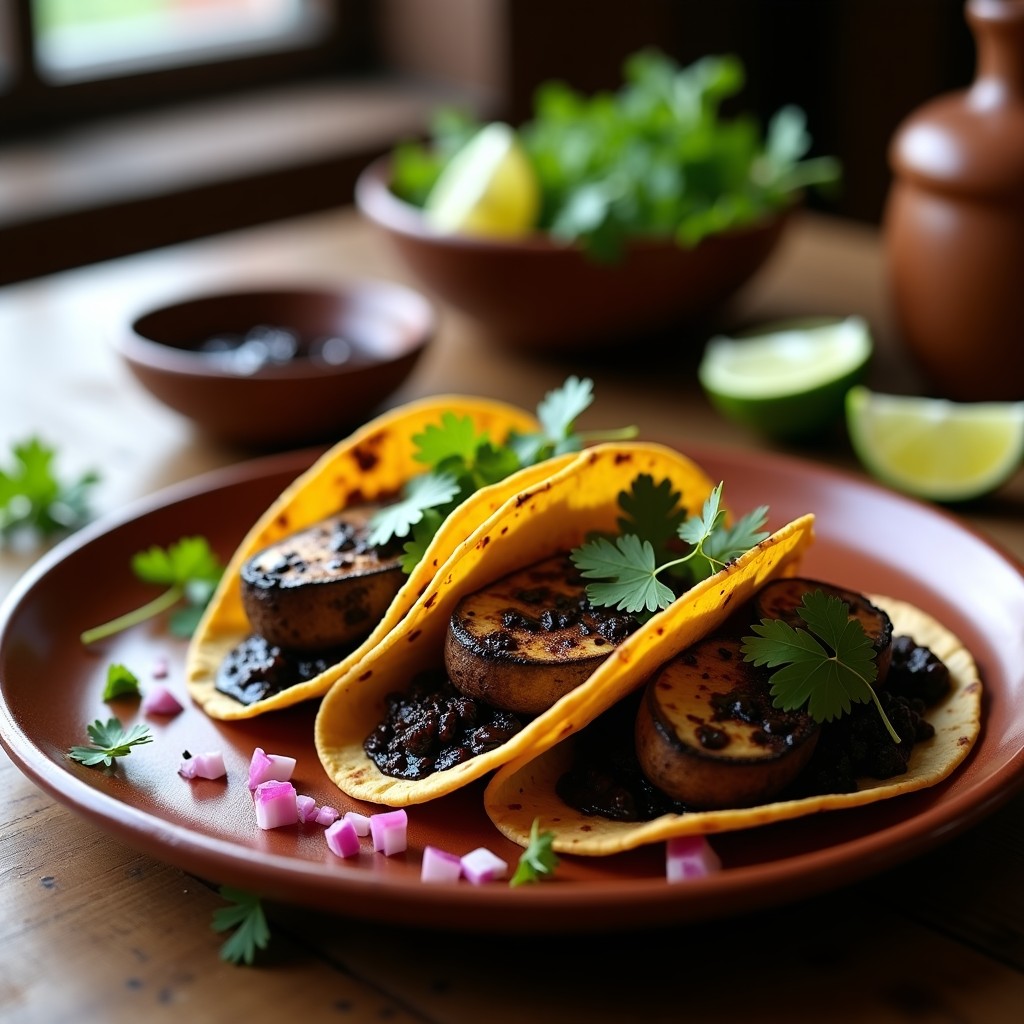 Plato de tacos veganos mexicanos con láminas doradas de hongos portobello bañadas en mole negro espeso, servidos en tortillas de maíz azules, decorados con cebolla morada picada, cilantro fresco y gajos de limón verde sobre una mesa rústica de madera.