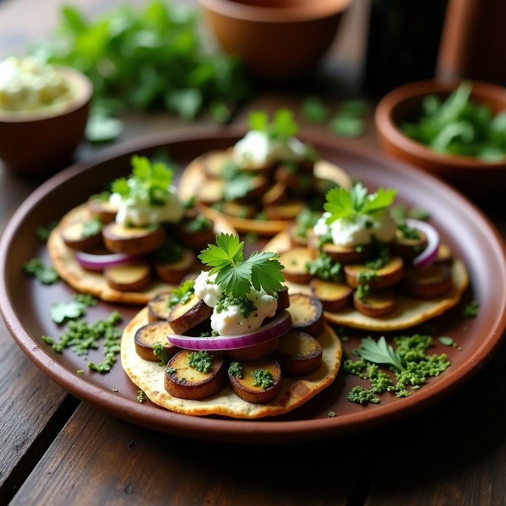 Tacos mexicanos gourmet con láminas doradas de hongos portobello, queso de cabra desmenuzado y chimichurri verde brillante, servidos en tortillas de maíz azules sobre un plato de barro rústico con fondo de hojas de cilantro.