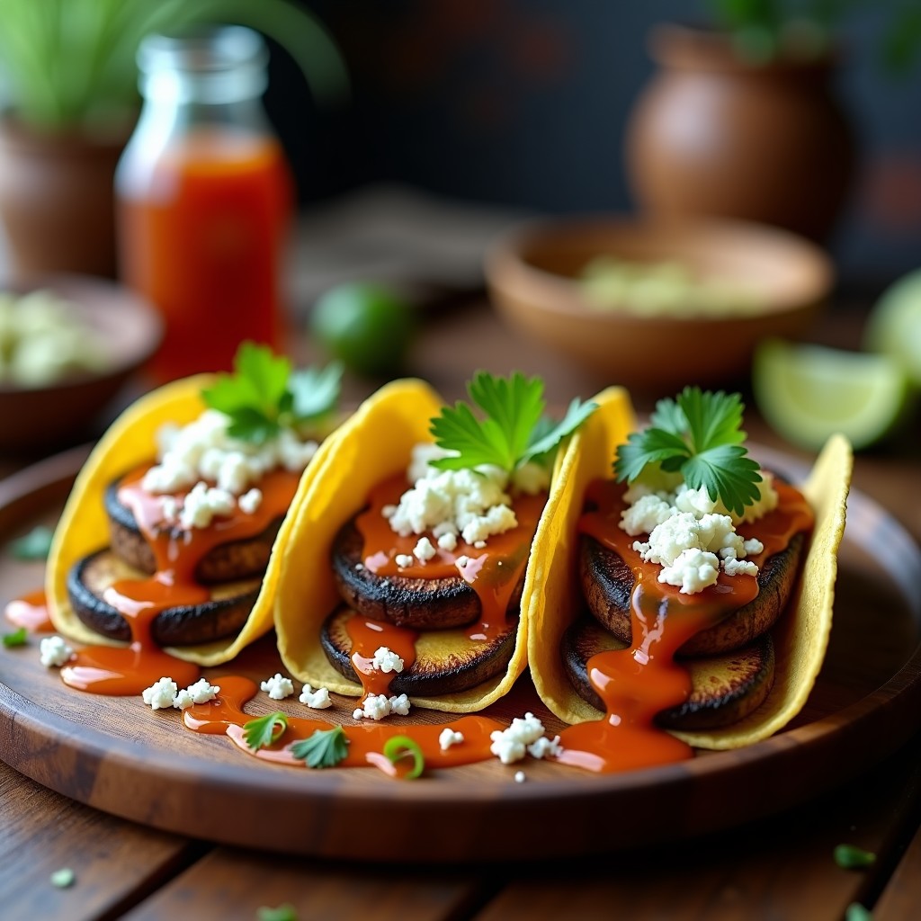 Tacos abiertos de maíz con láminas doradas de hongos portobello, cubiertos con salsa rosada de guayaba, queso fresco desmenuzado y cebolla morada picada, sobre un plato de barro con cilantro fresco.