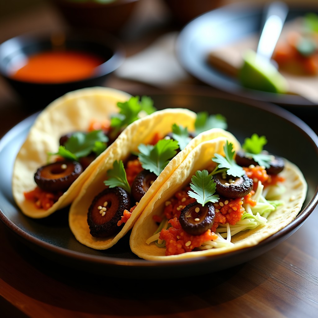 Tacos abiertos de maíz azul rellenos de hongos shiitake salteados con kimchi vegano, decorados con semillas de sésamo, cilantro fresco y lechuga romana, servidos en un plato de cerámica oscura con fondo rústico.