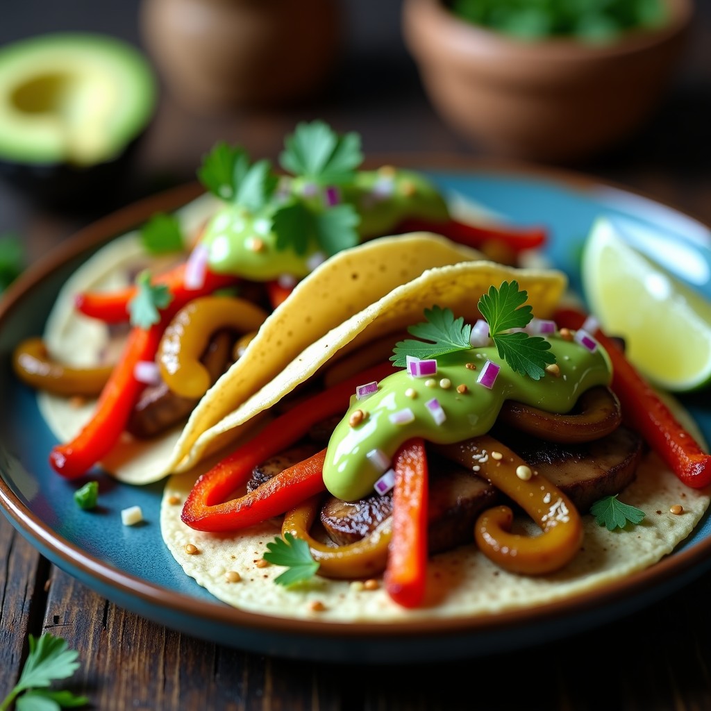 Plato de tacos veganos abiertos en tortillas de maíz azules, rellenos de hongos shitake dorados, pimientos asados caramelizados, salsa de aguacate cremosa, cebolla morada y semillas de sésamo, con fondo rústico de madera.