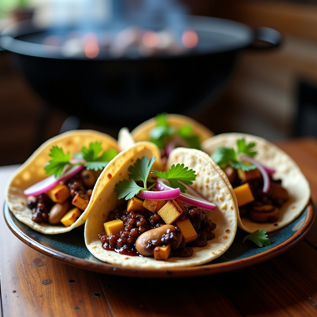 Tacos de maíz azul rellenos de hongos shitake grillados y cubos dorados de queso panela, bañados en salsa de chile pasilla oscura, decorados con cebolla morada y cilantro fresco sobre una tabla de madera rústica.