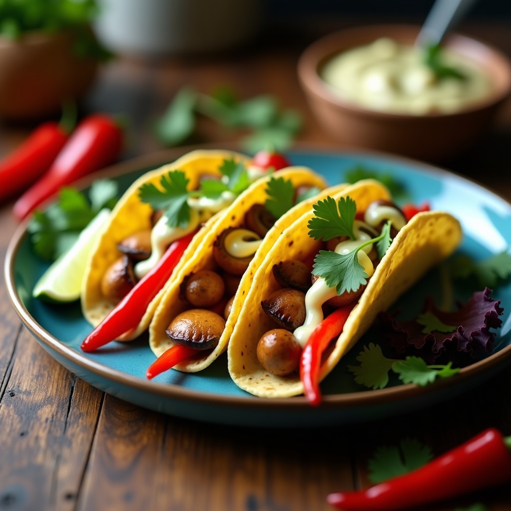 Tacos de Hongos Shimeji y Pimiento Rojo con Crema de Anacardos: Receta Mexicana Vegana