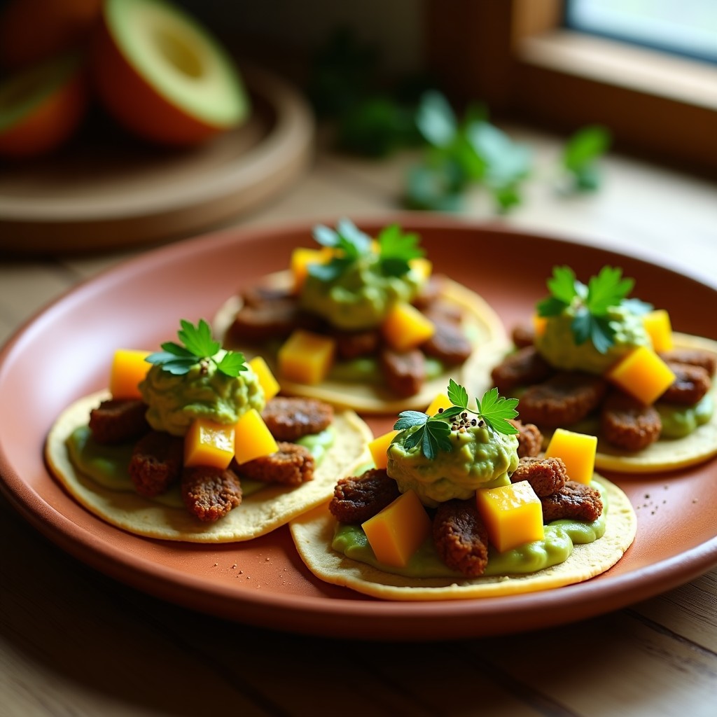 Tacos veganos y keto con hongos shimeji dorados y guacamole cremoso de mango, servidos en tortillas de almendra. Decorados con semillas de sésamo y cilantro fresco sobre un plato de barro rústico.