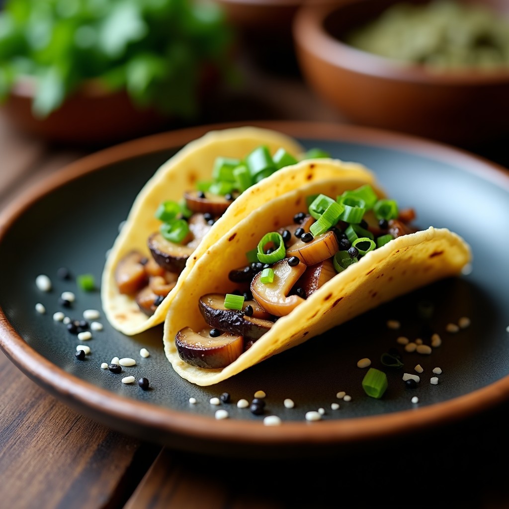 Plato de tacos abiertos de tortilla de maíz azul rellenos de hongos shimeji salteados y tiras de misozuke dorado, decorados con semillas de sésamo negro, cebollino y hojas de shiso sobre un fondo rústico de madera, receta japonesa fermentada con umami explosivo.