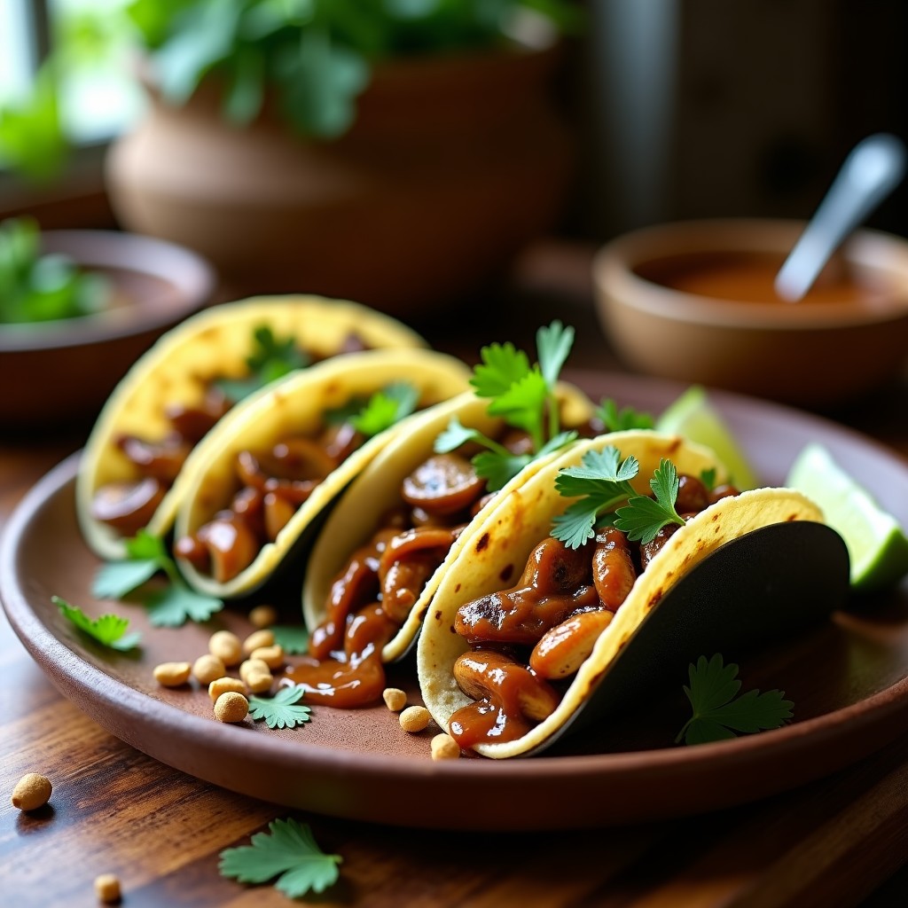 Plato de tacos de hongos shimeji dorados con mole de cacahuete cremoso y especiado, servidos en tortillas de maíz azul, decorados con cilantro fresco y limón, receta vegana con toque oaxaqueño.