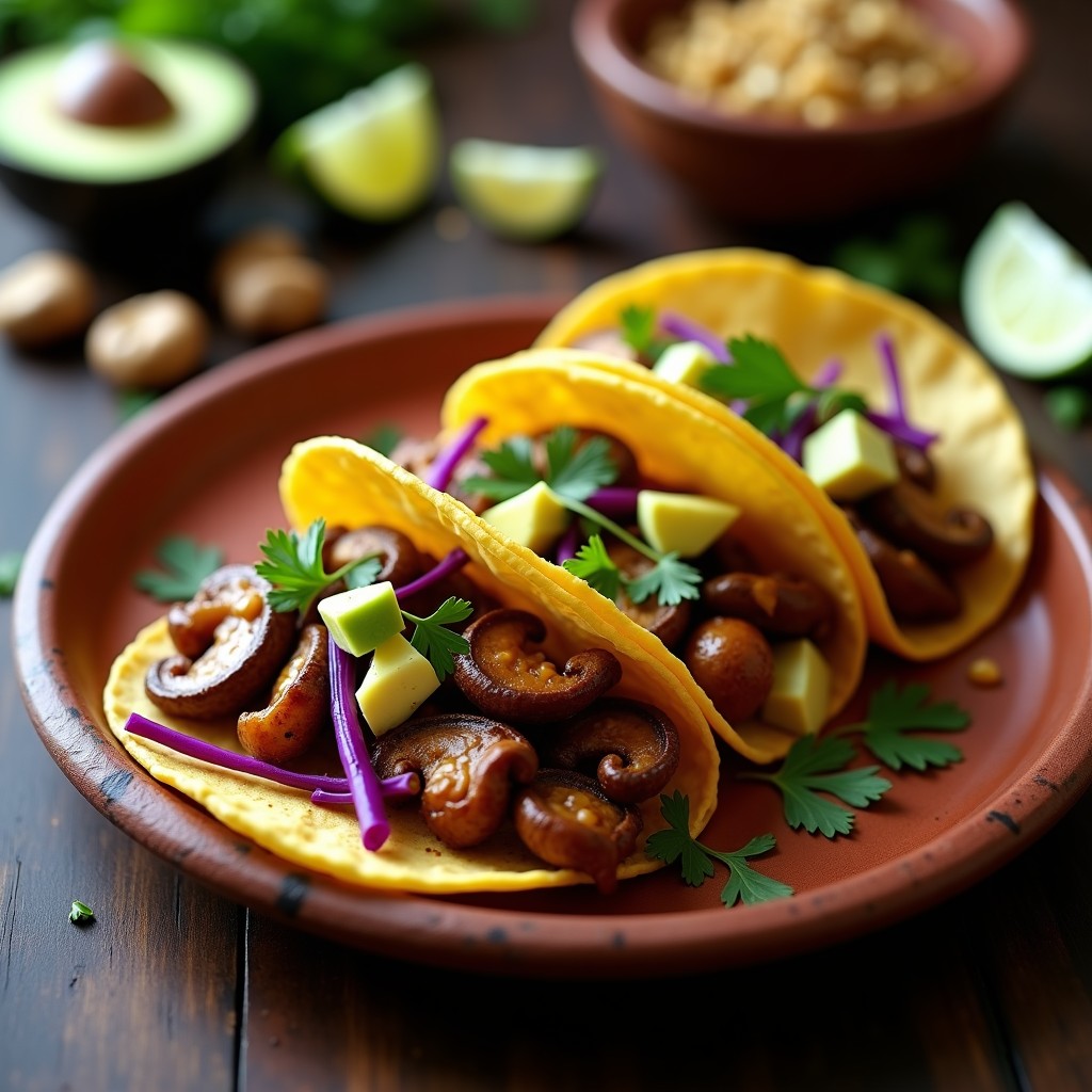 Tacos de hongos shitake al ajillo en airfryer, con tortillas de maíz doradas, rellenos de hongos crujientes bañados en salsa de ajo y perejil, acompañados de lechuga morada y aguacate en rodajas sobre un plato de barro rústico.