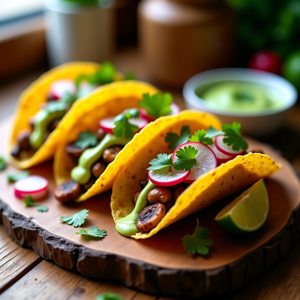 Plato de tacos veganos crujientes con hongos shitake dorados, crema de aguacate verde vibrante y rábanos rosados en escabeche sobre tortillas de maíz tostadas, decorados con cilantro fresco. Receta de tacos de hongos shitake con crema de aguacate y rábanos.