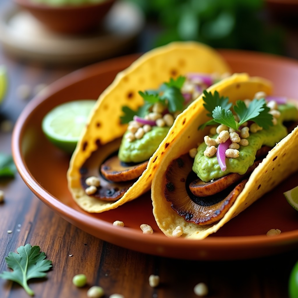 Tacos de hongos shitake dorados y jugosos sobre tortillas de maíz azul, coronados con salsa de guacamole cremosa y amaranto tostado crujiente, decorados con cilantro fresco en un plato de barro rústico.