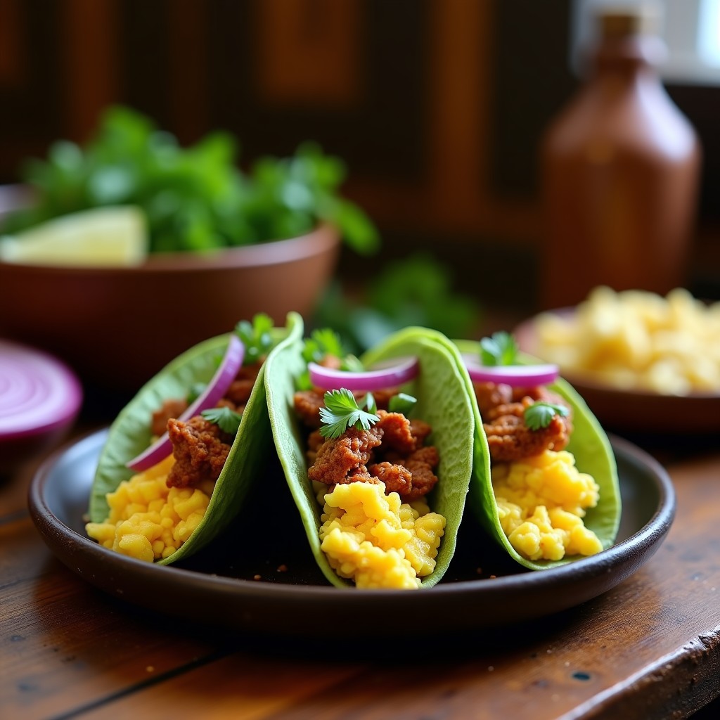 Tacos abiertos de tortilla azul crujiente con huevos de codorniz a medio cocinar, chapulines dorados, aguacate en cubos, cebolla morada y cilantro fresco, servidos en un plato de barro con fondo rústico.