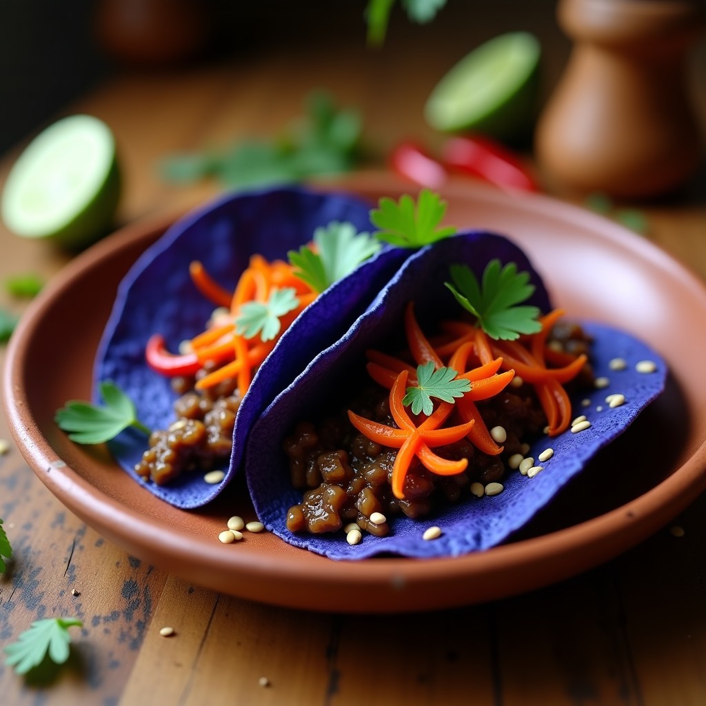 Plato de tacos mexicanos veganos con tortillas azules de maíz, rellenos de huitlacoche negro y flores de calabaza amarillas, decorados con semillas de calabaza tostadas y hojas de lechuga morada, sobre un mantel de fibra natural con elementos rústicos.