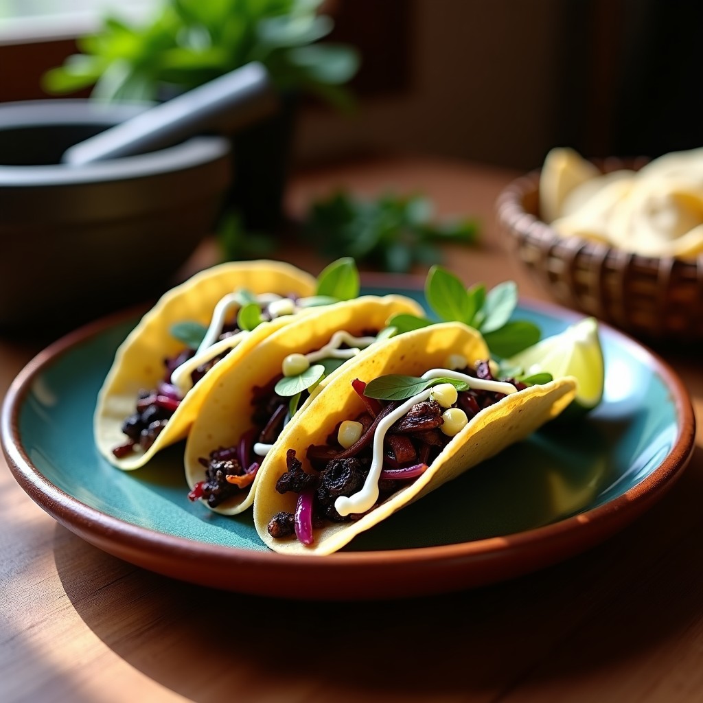 Plato de tacos de huitlacoche con queso Oaxaca derretido, cebolla morada, epazote y limón, sobre tortillas de maíz azules, receta tradicional mexicana.