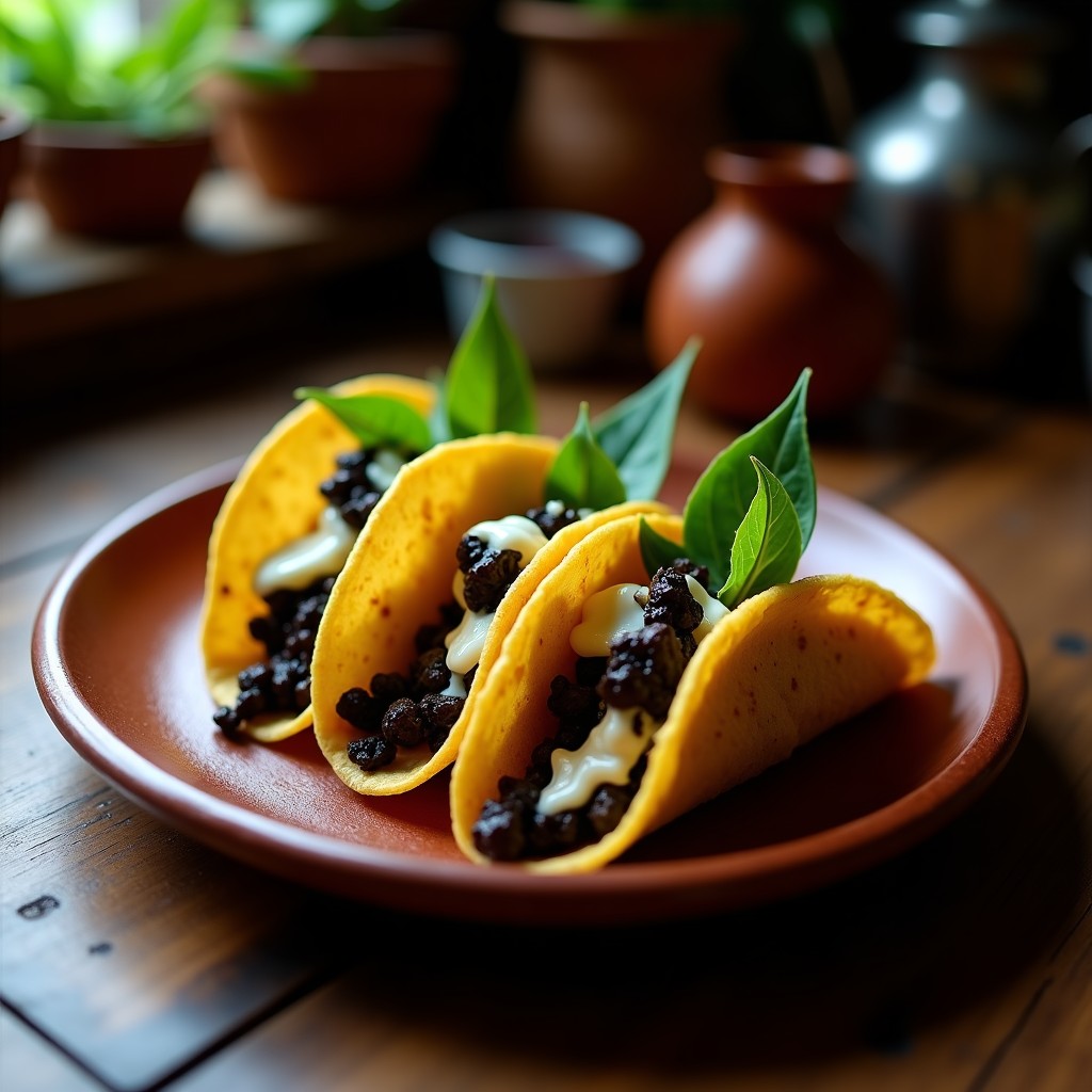 Tacos dorados de maíz azul rellenos de huitlacoche y queso panela, bañados con crema de trufa negra, servidos en un plato de barro con epazote fresco.