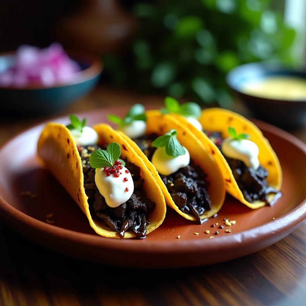 Tacos dorados de huitlacoche y trufa negra servidos en plato de barro, con crema ácida y hojas de epazote, receta gourmet en airfryer.