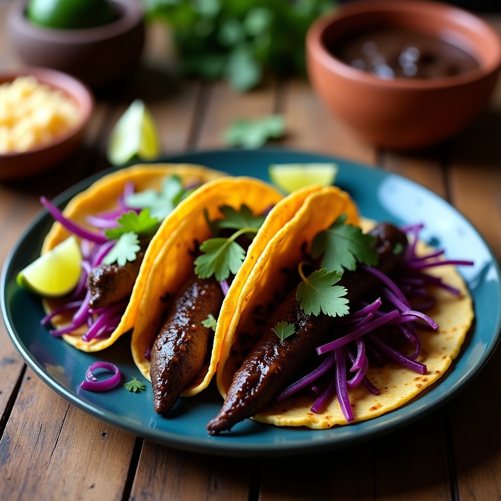 Plato de tacos de iguana ahumada con mole negro sobre tortillas de maíz azules, acompañados de lechuga morada, cebolla morada y cilantro fresco. Receta tradicional oaxaqueña alta en proteína.