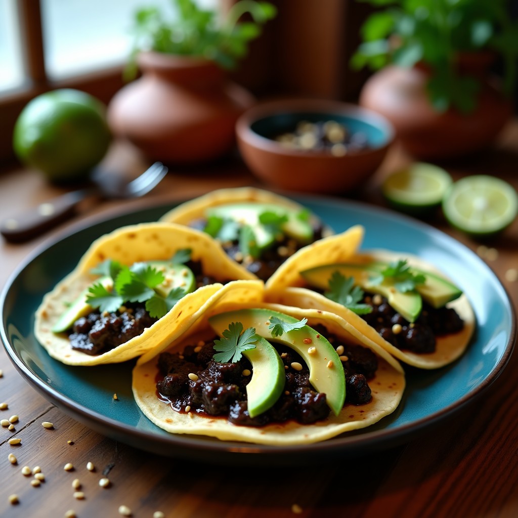 Plato de tacos de maíz azul rellenos de mole negro con hormigas culonas tostadas, acompañados de aguacate, cilantro y semillas de sésamo, receta sostenible y alta en proteína.
