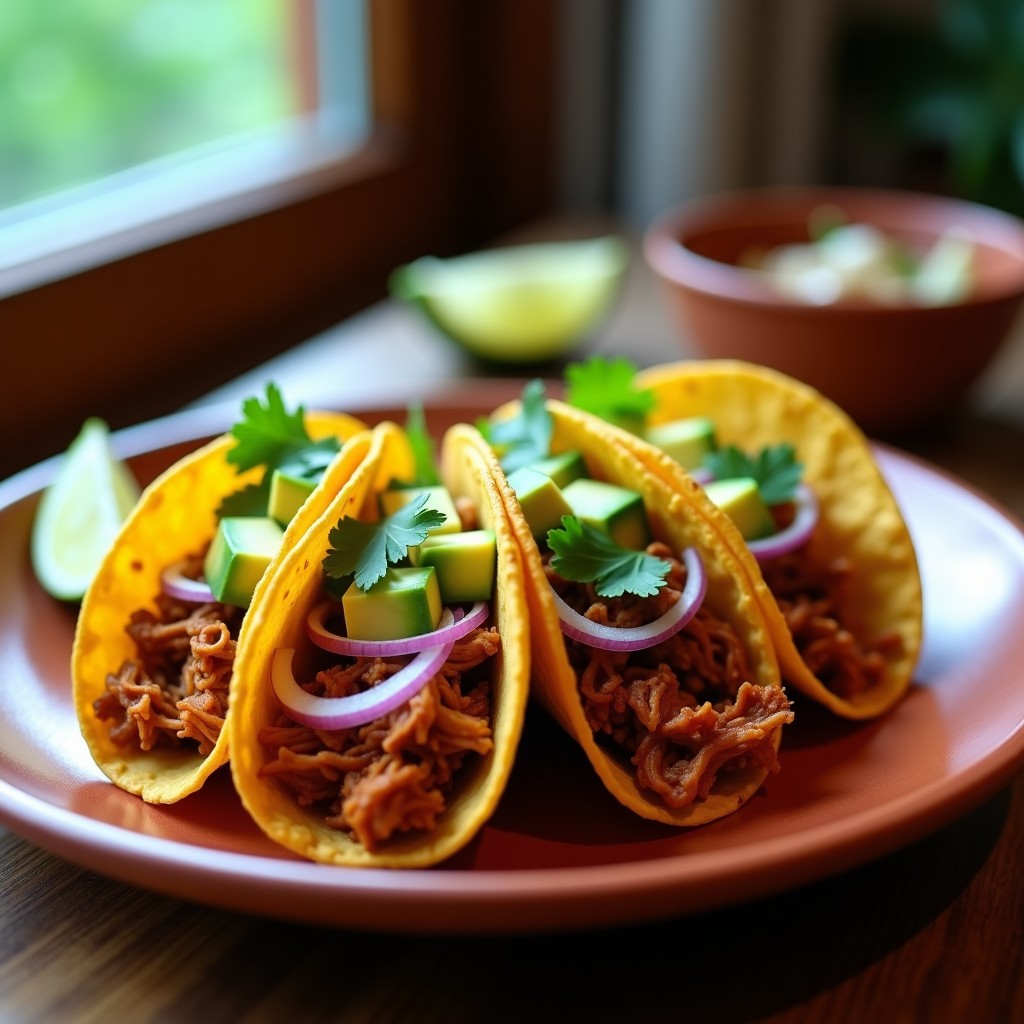 Tacos veganos de jackfruit desmenuzado con adobo de chile pasilla, servidos en tortillas de maíz con aguacate, cilantro y limón, sobre un plato de barro rústico.