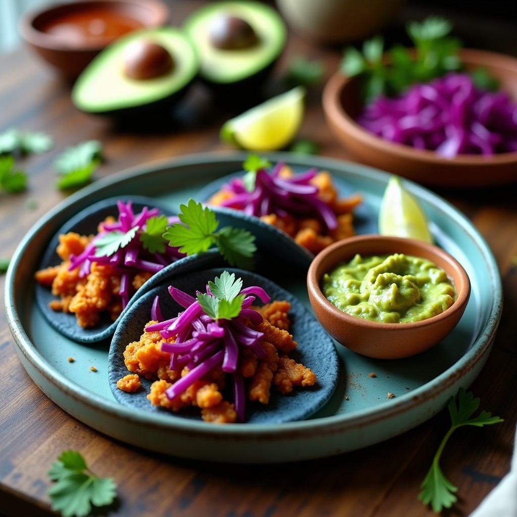 Plato de tacos de jackfruit en adobo con repol morado encurtido y salsa de guacamole en tortillas de maíz azules, decorados con cilantro fresco. Receta mexicana sin gluten.
