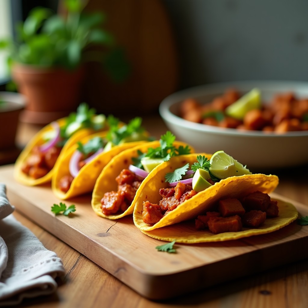 Tacos de jackfruit BBQ en airfryer, con relleno dorado y crujiente, servidos en tortillas de maíz con aguacate, cilantro y cebolla morada picada.