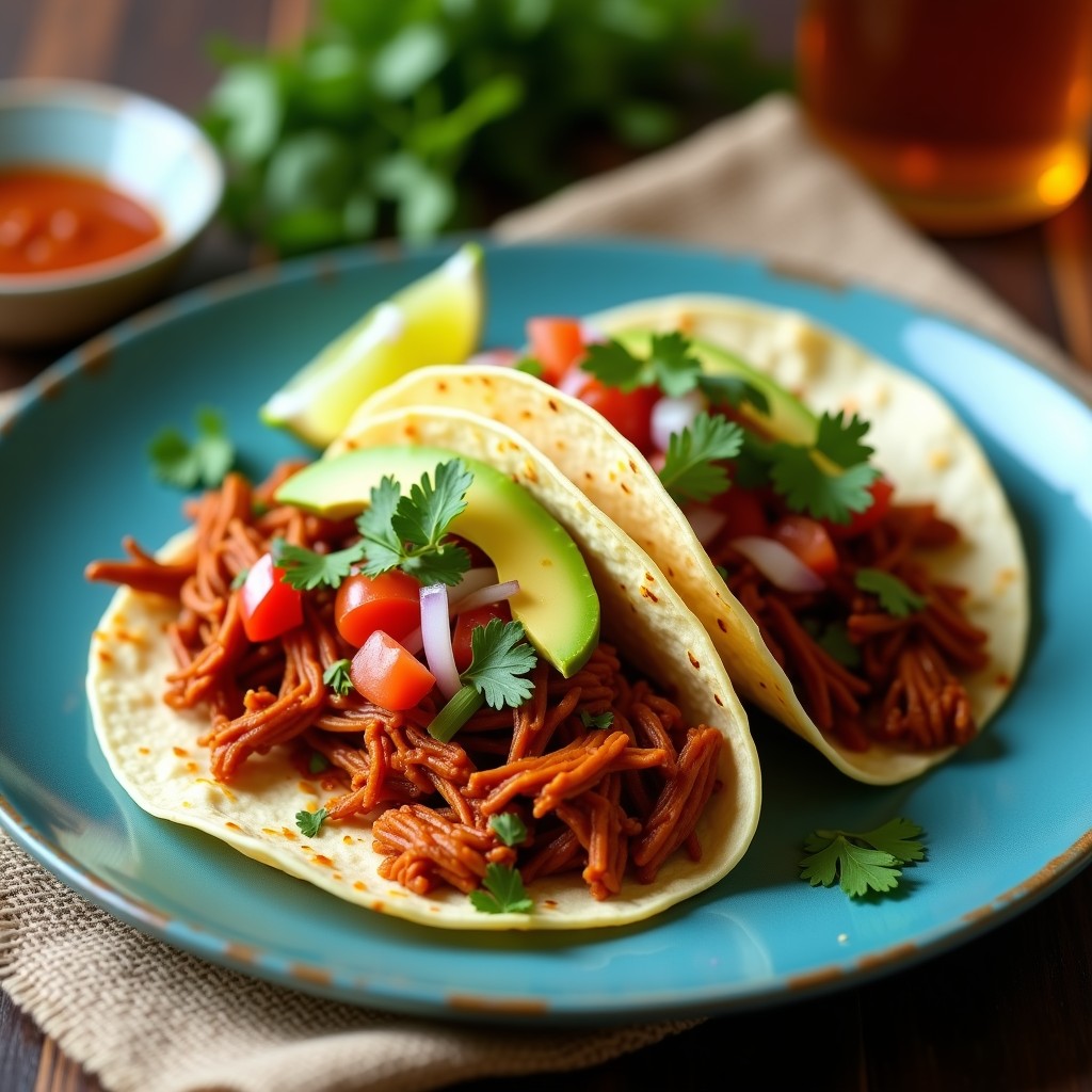 Plato de tacos de jackfruit desmenuzado al chipotle con toque mexicano, servidos en tortillas de maíz azul, acompañados de pico de gallo, aguacate y cilantro fresco, sobre un mantel rústico de tela tejida.