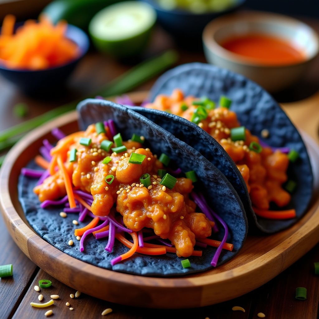 Tacos veganos coreanos de jackfruit desmenuzado y kimchi, dorados en airfryer, servidos en tortillas de maíz azules con ensalada de lechuga morada y zanahoria, decorados con semillas de sésamo y cebollino fresco.