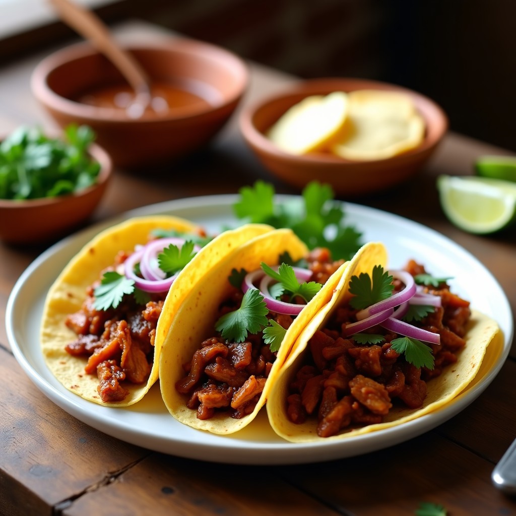 Plato de tacos de jackfruit desmenuzado con mole poblano vegano, servidos en tortillas de maíz doradas, bañados en salsa oscura de mole y decorados con cebolla morada encurtida y cilantro fresco. Receta en airfryer sin gluten.