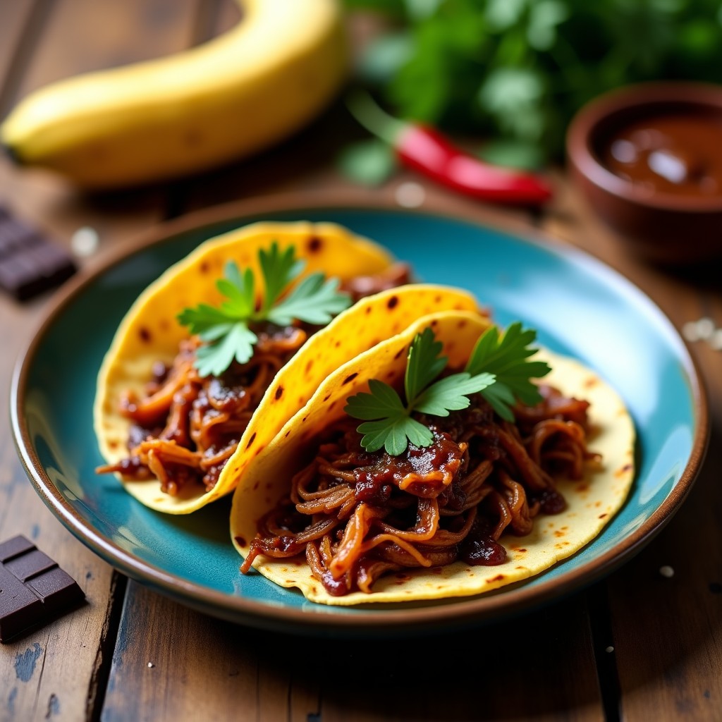 Plato de tacos de jackfruit al mole poblano en tortillas de maíz azules, bañados en salsa de mole oscuro con toques de sésamo y cilantro fresco. La jackfruit desmenuzada tiene un color marrón intenso del mole, con textura jugosa y ligeramente dorada. Fondo rústico con ingredientes como chiles secos y plátano macho.