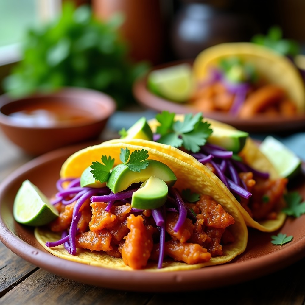 Tacos veganos de jackfruit al estilo pulled pork en tortillas de maíz, rellenos de jackfruit desmenuzado dorado, repollo morado, aguacate y cilantro fresco, servidos en un plato de barro rústico.