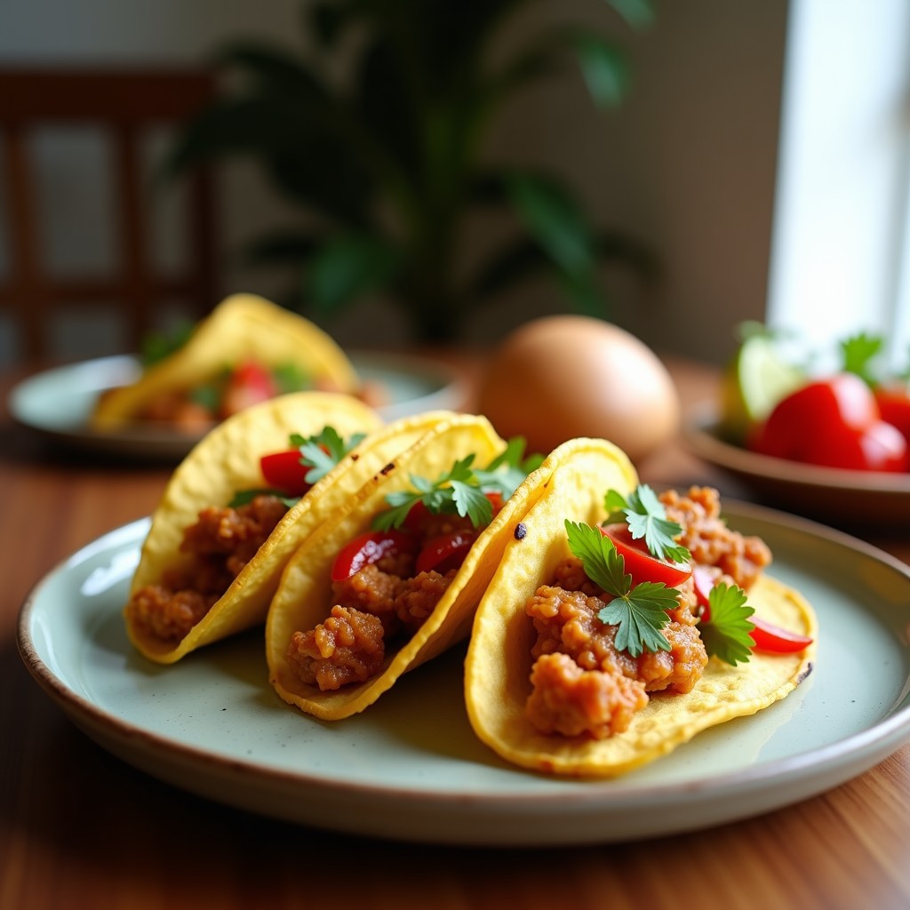 Tacos veganos de jackfruit pulled dorado en airfryer, servidos en tortillas de maíz con cebolla morada, pimiento rojo, aguacate y cilantro fresco.