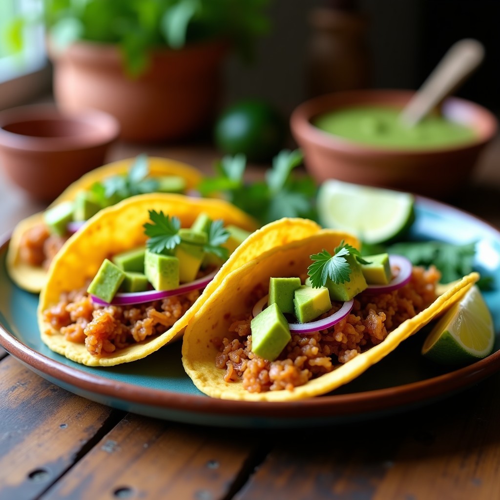 Plato de tacos veganos con jackfruit desmenuzado dorado, salsa verde cruda vibrante, aguacate en cubos y lechuga romana, servidos en tortillas de maíz azules sobre un fondo rústico.